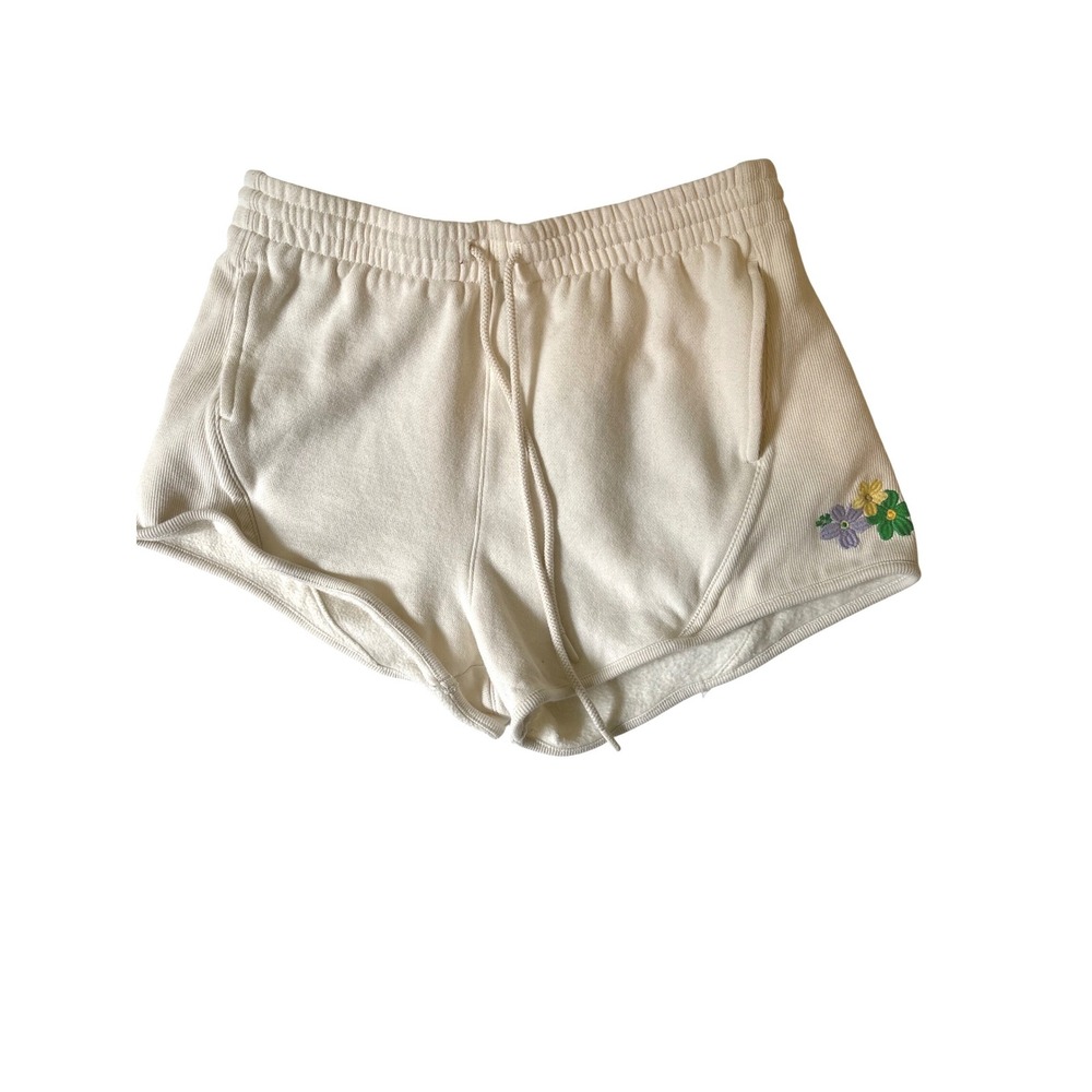 PINK Victoria's Secret Cream Fleece Floral Embroidered Lounge Shorts Medium